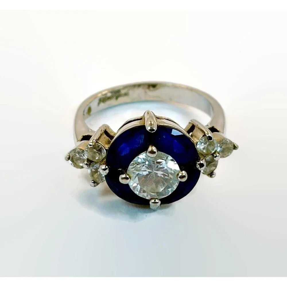 Art Deco Style Ring, Sterling Silver, Vintage, Designer, Faux Blue Sapphire, CZs